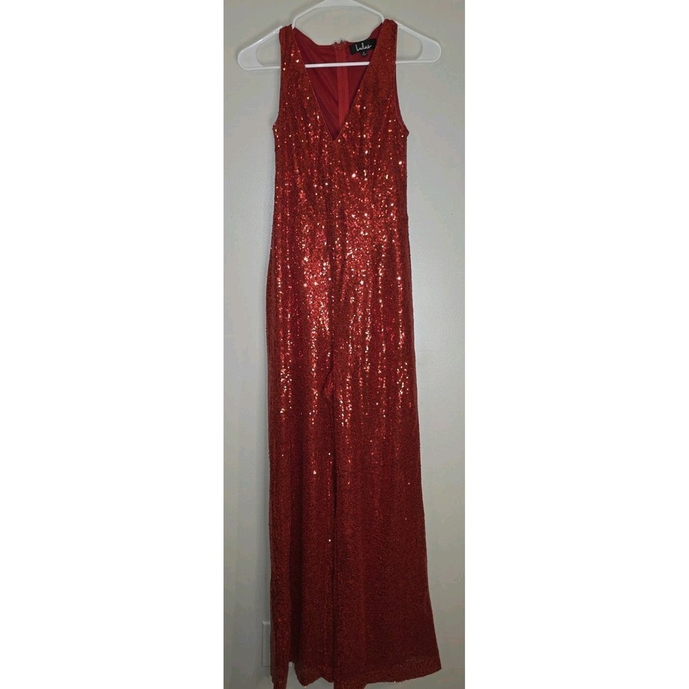 Lulus Where the Wild Blings Are Red Sequin Wide-Leg Jumpsuit $95 Online Sz Small